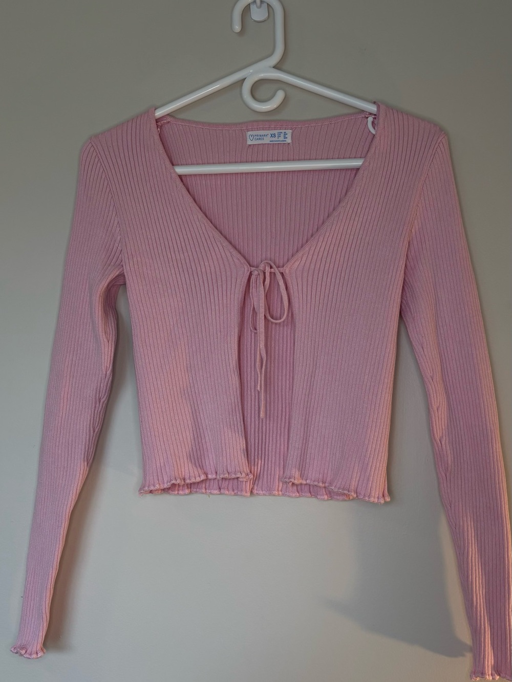 Ribbed Tie-Front Long Sleeve Top - Pink